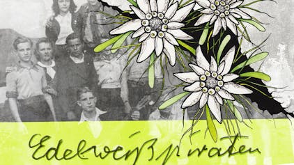 Plakat der Aufführung „Edelweißpiraten“. Zu sehen ist eine Jugendgruppe und die Edelweißblume.