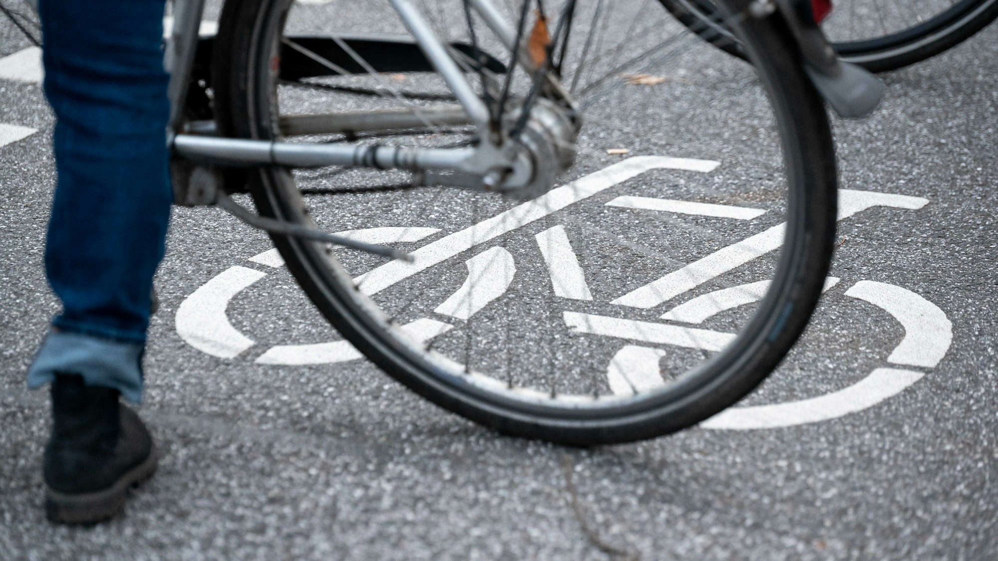 Ein Fahrrad-Symbol ist auf der Fahrbahn einer Straße hinter einem Fahrrad zu sehen.