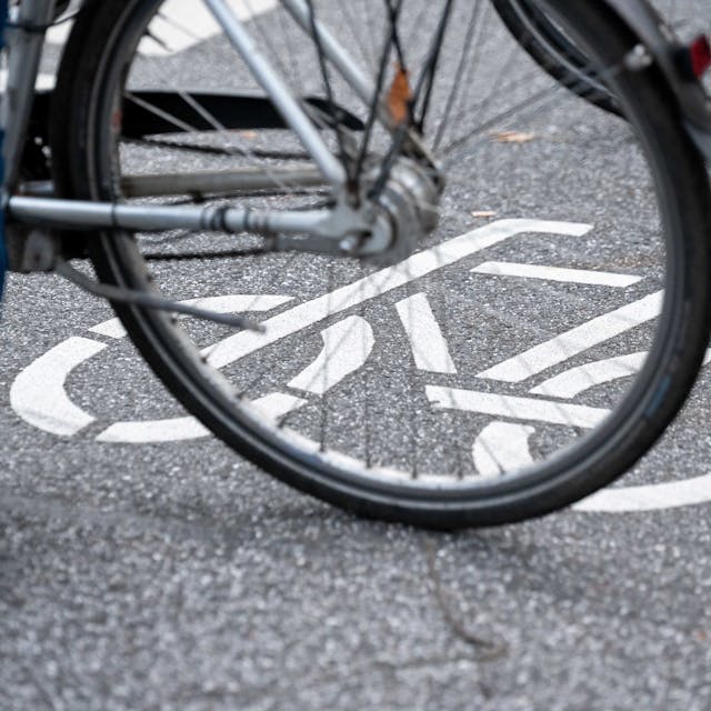 Ein Fahrrad-Symbol ist auf der Fahrbahn einer Straße hinter einem Fahrrad zu sehen.