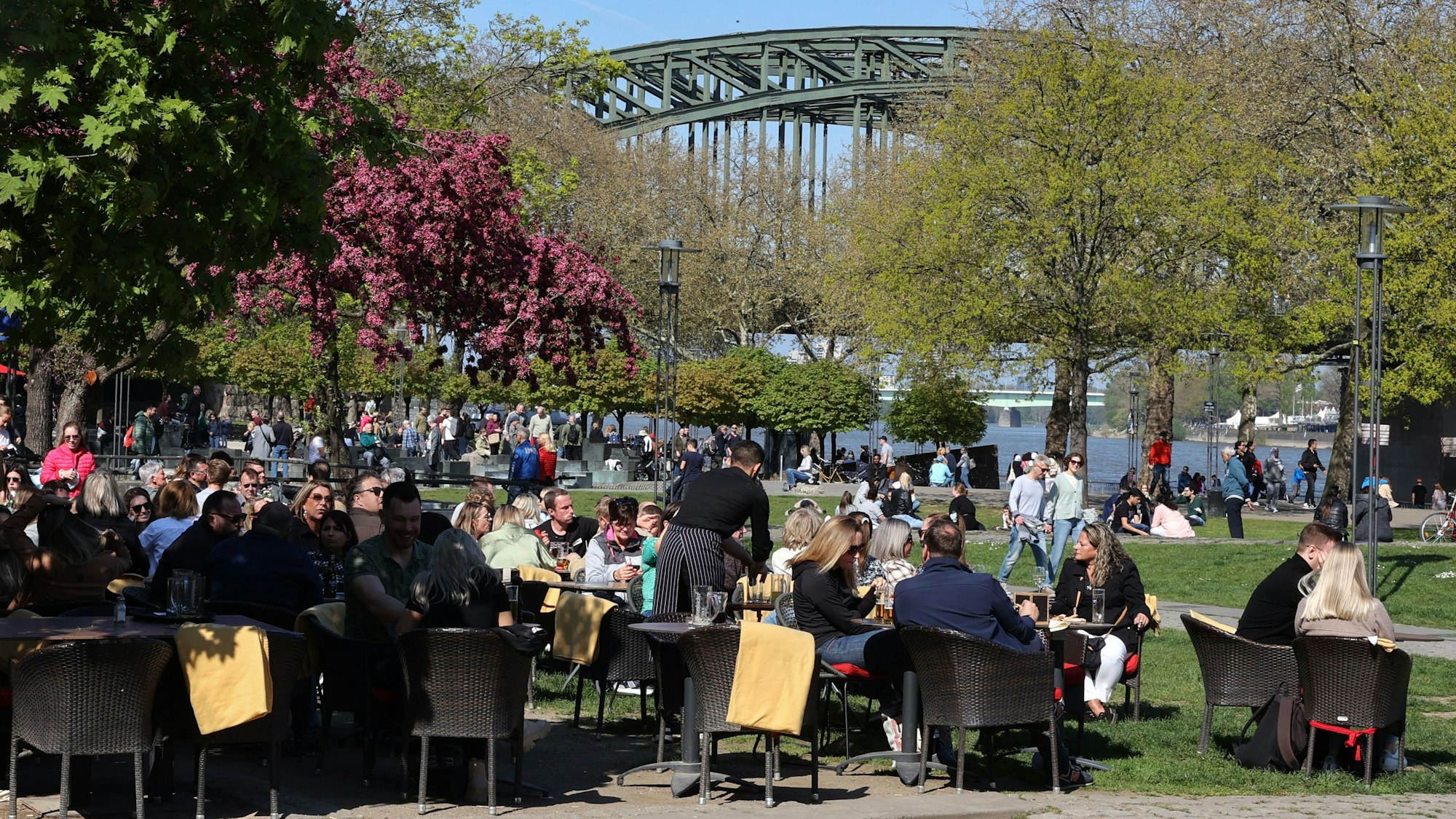 Volles Außengastro am Rhein bei schönem Wetter