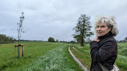 Die Ratsfrau Inge Cürten-Noack von den Grünen steht auf einem Feldweg vor einem Ackerstreifen, auf dem junge Bäume gepflanzt worden sind.