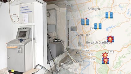 32 Menschen wurden nach einer Geldautomatensprengung in einer Deutsche-Bank-Filiale in Rösrath evakuiert. Das Bild zeigt links eine verwüstete Filiale, rechts eine Ortskarte mit mehreren Symbolen.
