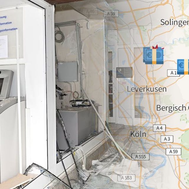 32 Menschen wurden nach einer Geldautomatensprengung in einer Deutsche-Bank-Filiale in Rösrath evakuiert. Das Bild zeigt links eine verwüstete Filiale, rechts eine Ortskarte mit mehreren Symbolen.