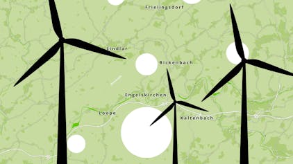 Grafik mit einer Landkarte des Nord-Westens Oberbergs mit weißen Kreisen und stilisierten Windkraftanlagen.
