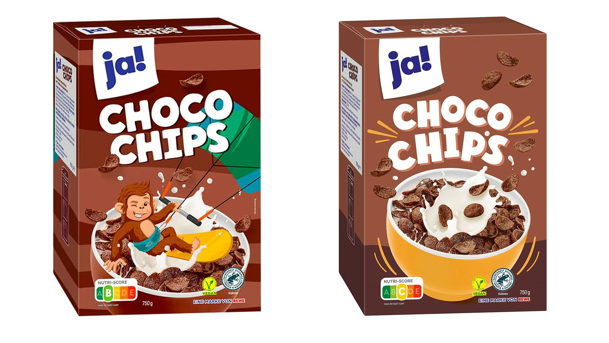 „Choco Chips“ der Rewe-Eigenmarke Ja! in neuem und alten Design.