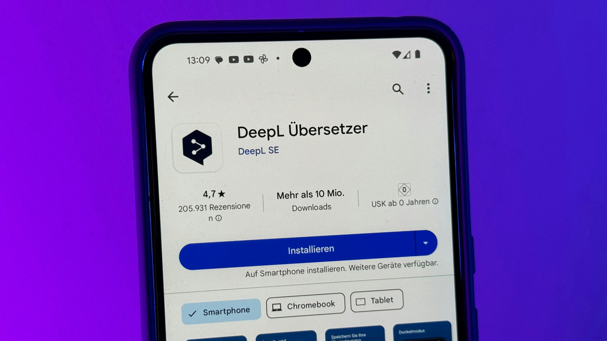 Die App DeepL Übersetzer im Play Store ist auf einem Google Pixel 8 Pro zu sehen.