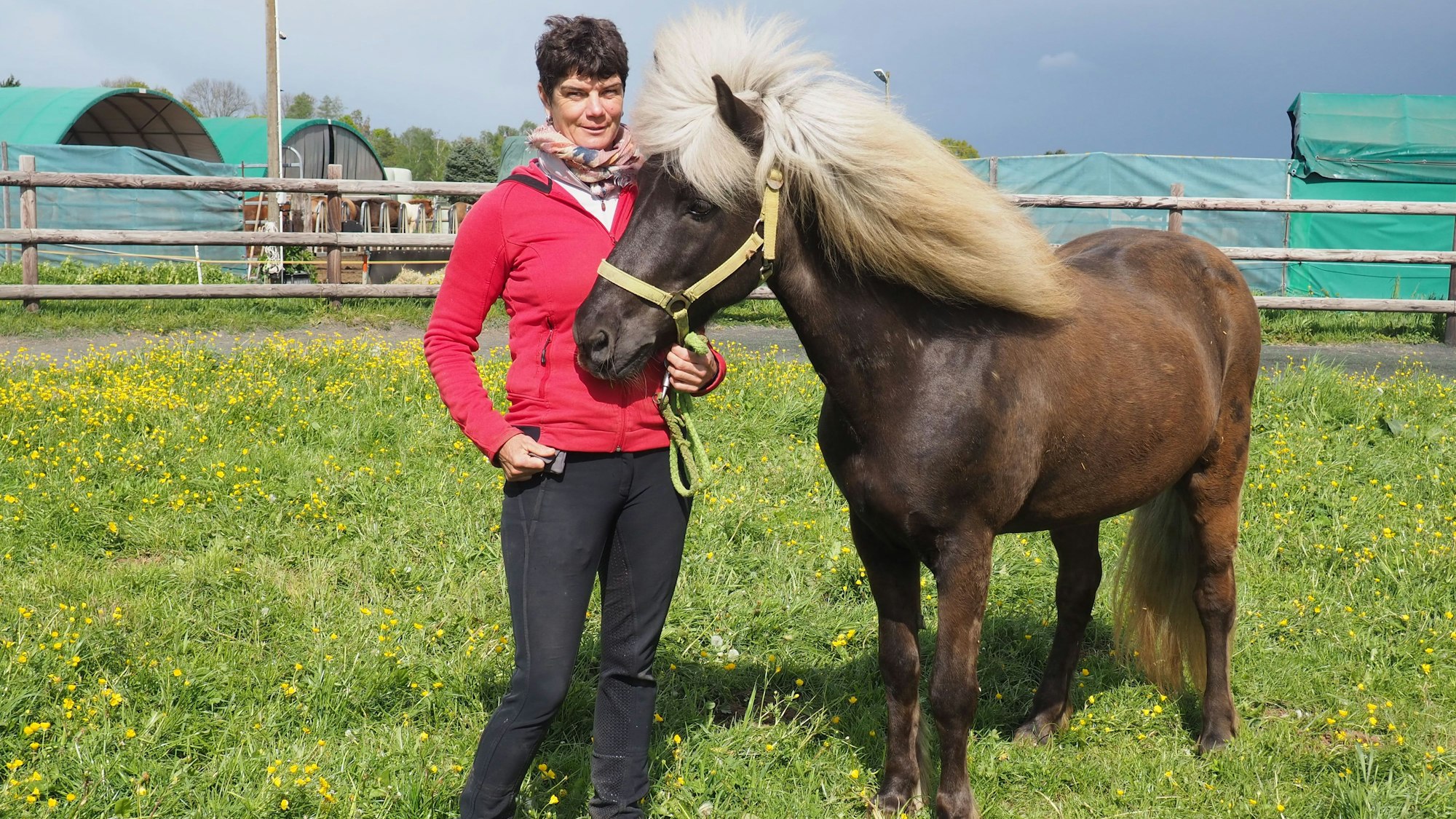 Dagmar Scholl steht mit ihrem Pferd auf einer Wiese.