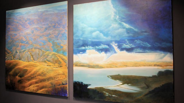Auf seinen Reisen durch Neuseeland wurde Claus Knobel von Naturlandschaften wie dem Lindy's Pass (l.) oder Küstengebiete inspiriert. Die Acryl-Arbeiten auf Leinen datieren aus dem Jahr 1998.