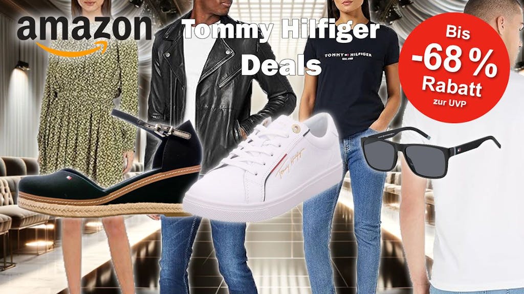Tommy Hilfiger Mode wie Shirts, Kleider, Schuhe, Sonnenbrille für Damen und Herren getragen von Models, die vor einem Modenschau Catwalk Hintergrund stehen.