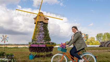 Eine Frau fährt auf dem Fahrrad vor einer Windmühle, die mit Blüten besteckt ist.&nbsp;