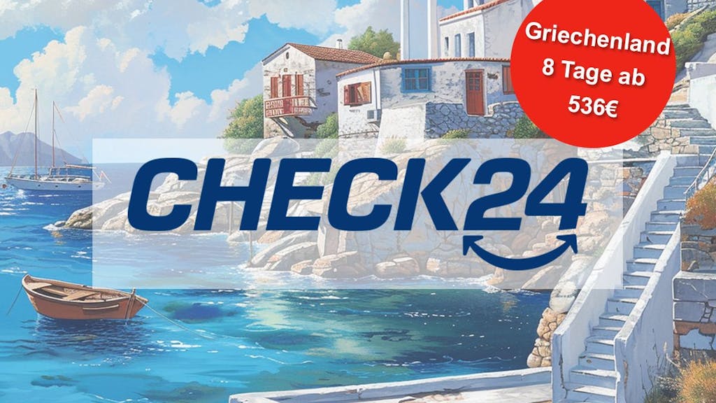 Griechische Küste mit Check24 Logo