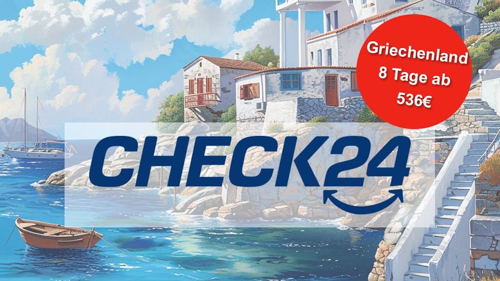 Griechische Küste mit Check24 Logo