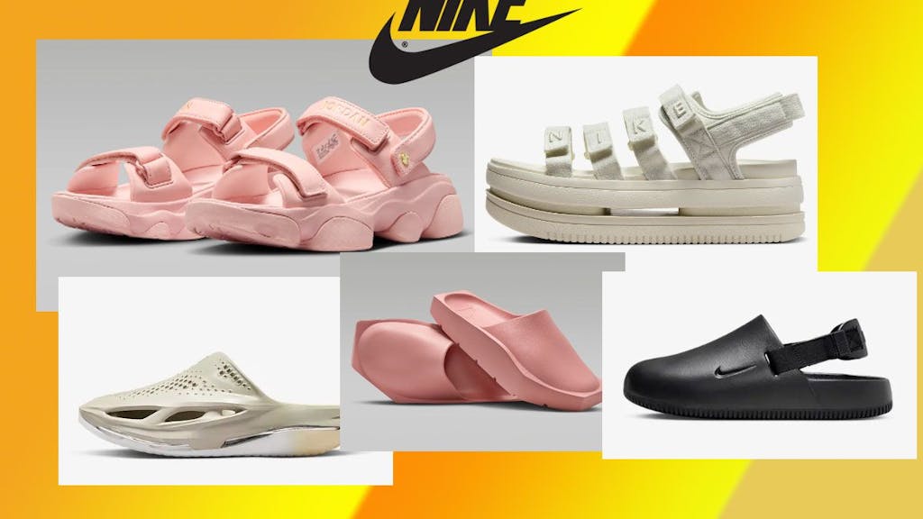 Auf dem Bild sind fünf unterschiedliche Modelle von Nike Slides zu sehen.