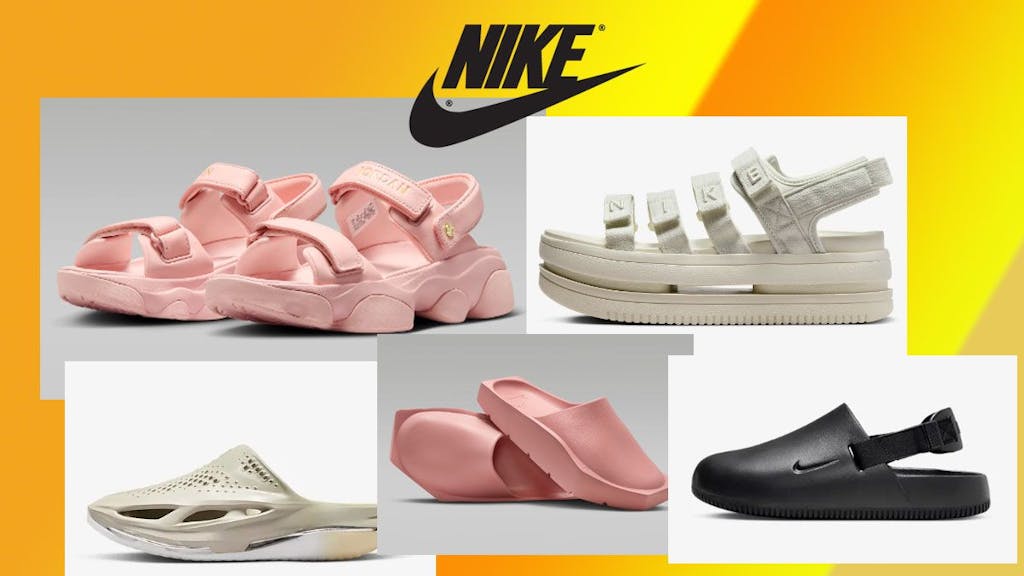 Auf dem Bild sind fünf unterschiedliche Modelle von Nike Slides zu sehen.