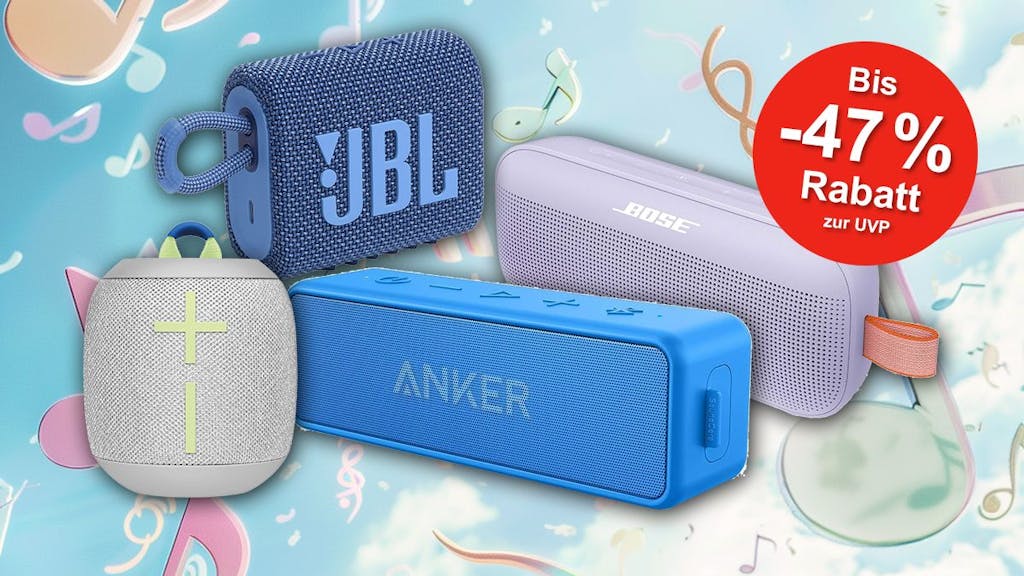 Bluetooth Lautsprecher auf Hintergrund mit pastellfarbenen Musiknoten
