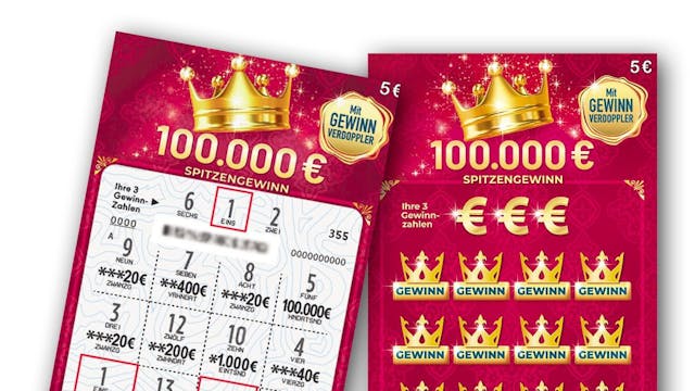 Mit diesem Rubbellos wären 20 Euro gewonnen worden – zehn Euro mit der Gewinnzahl „1“ (u.l.) und 2 x 5 Euro mit dem Zepter als Gewinnverdoppler.