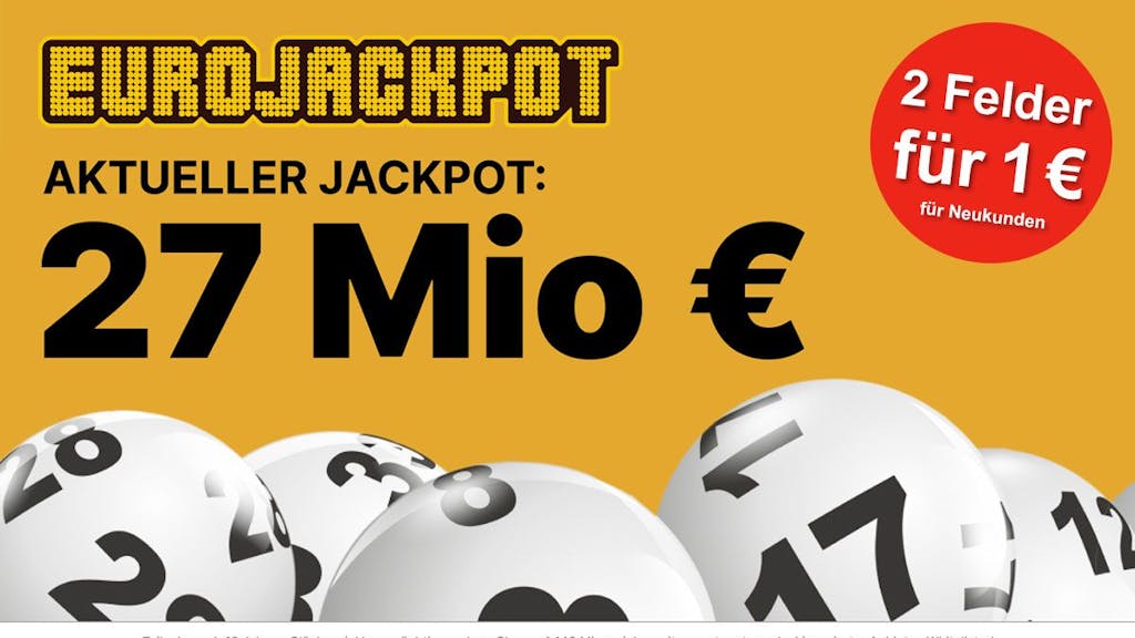 Eurojackpot Logo und Lottokugeln mit Schrift Jackpot 27 Millionen €.