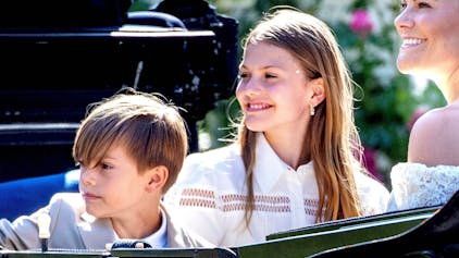 Prinz Oscar, Prinzessin Estelle, Kronprinzessin Victoria an ihrem 46. Geburtstag und Prinz Daniel im Juli 2023.