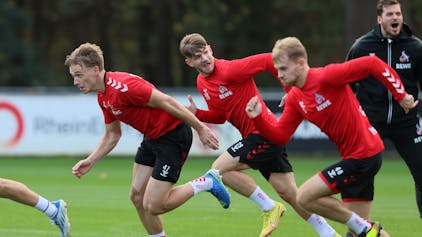 Mathias Olesen, Jan Thielmann und Georg Strauch im FC-Training.&nbsp;