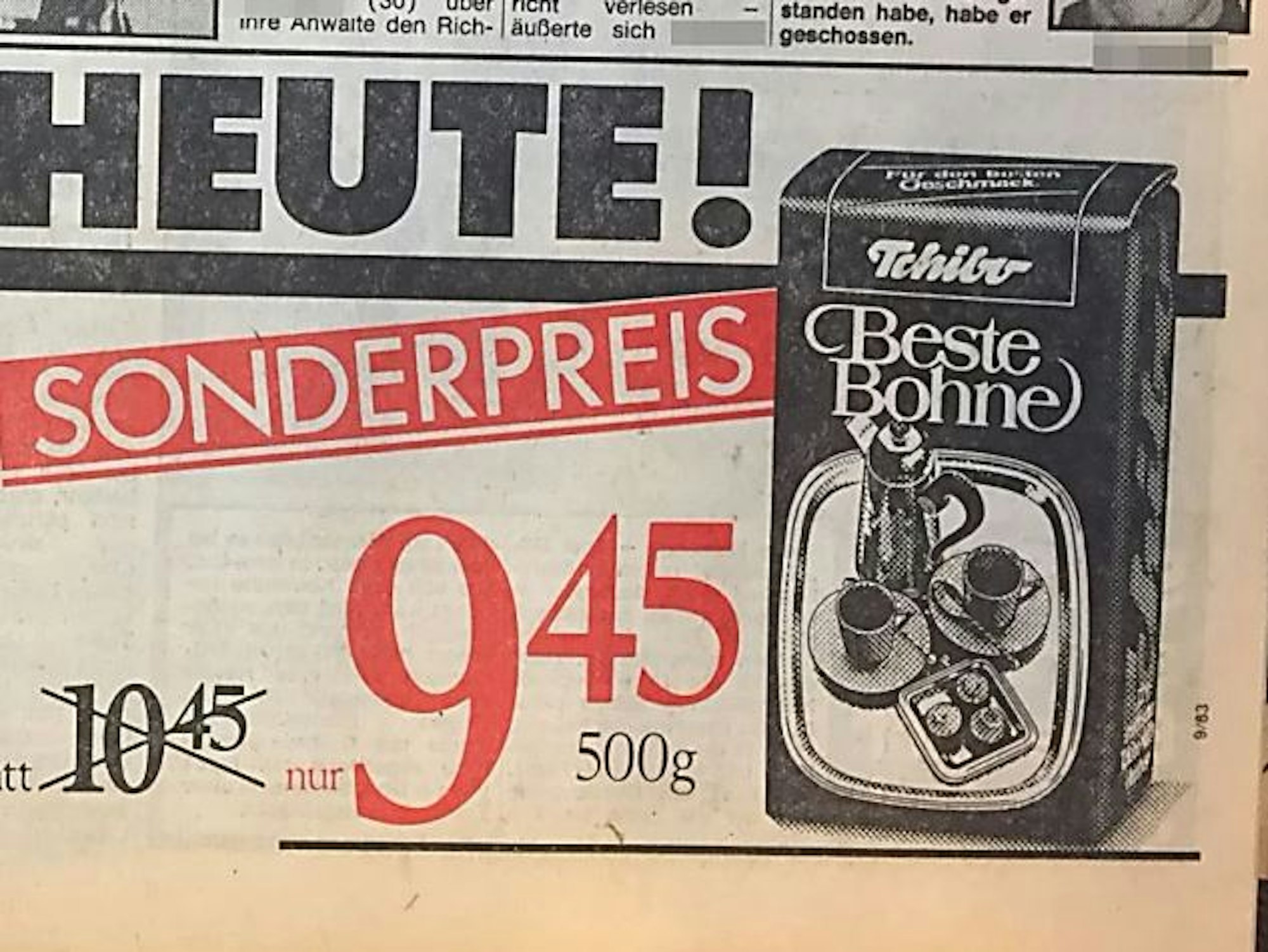Das Foto zeigt Kaffee-Werbung von 1983 - der Preis damals in einem Kölner Supermarkt: 9,45 D-Mark.