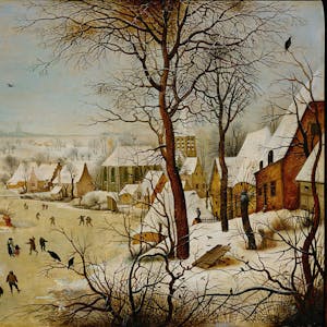 Pieter Bruegels Gemälde „Winterlandschaft mit Eisläufern und Vogelfalle“