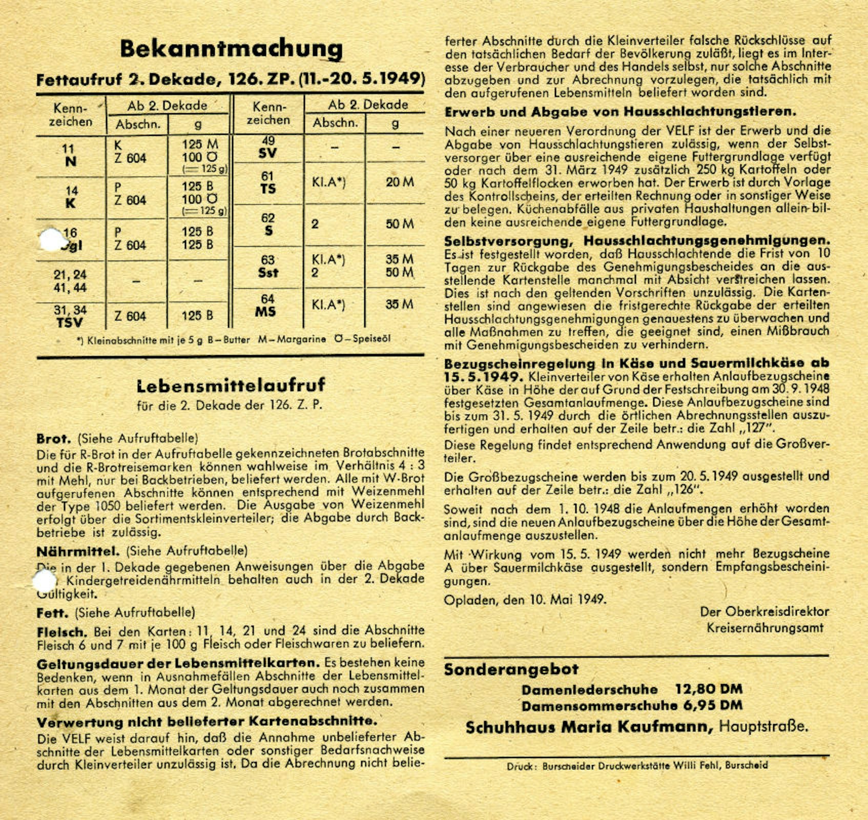 Bekanntmachung vom 10. Mai 1949 in Burscheid.