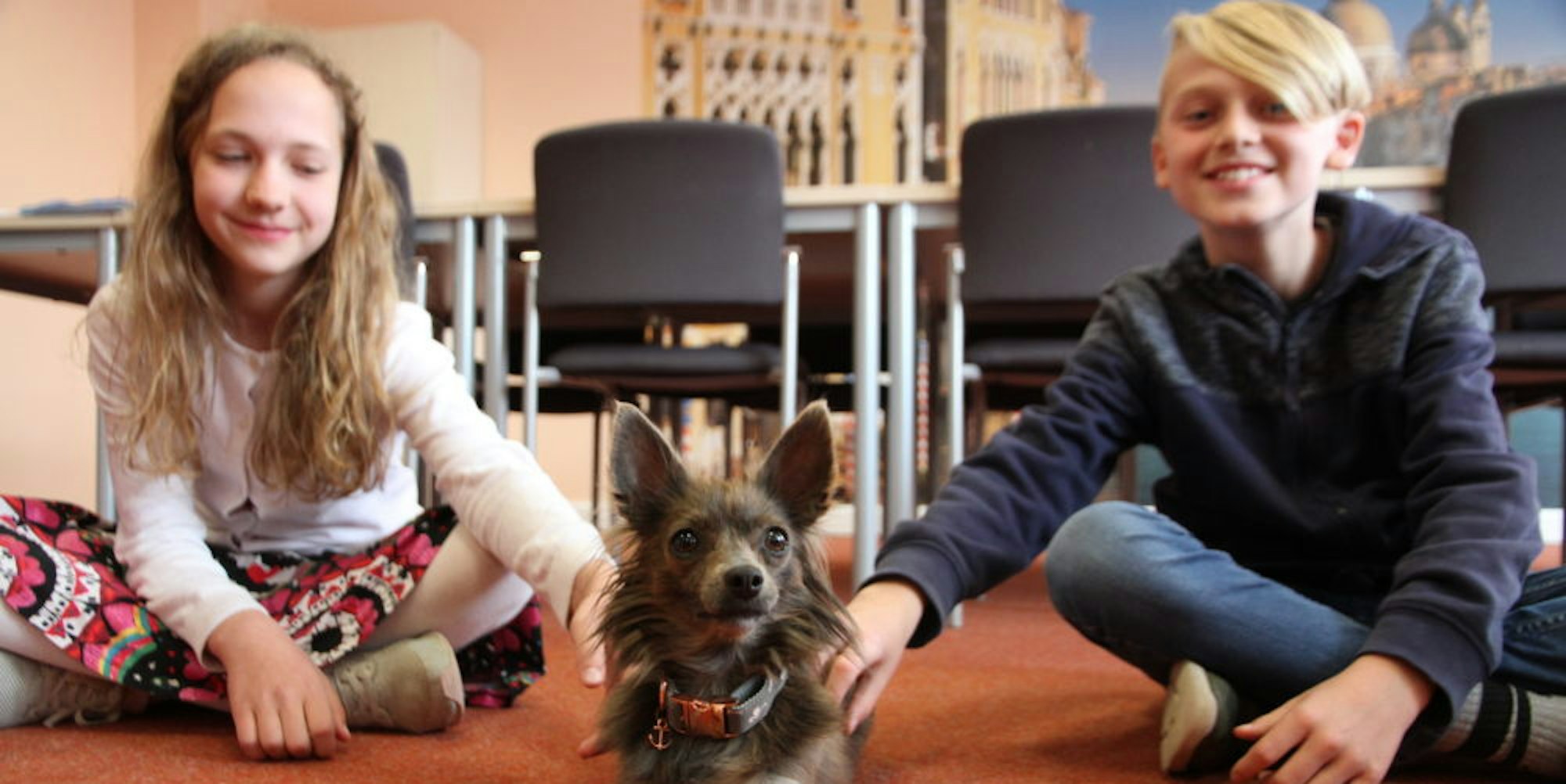 Die beiden Elfjährigen Laja und Leander sind in der Corona-Notbetreuung und freuen sich, dass auch Chihuahua Haylee in der Schule ist.
