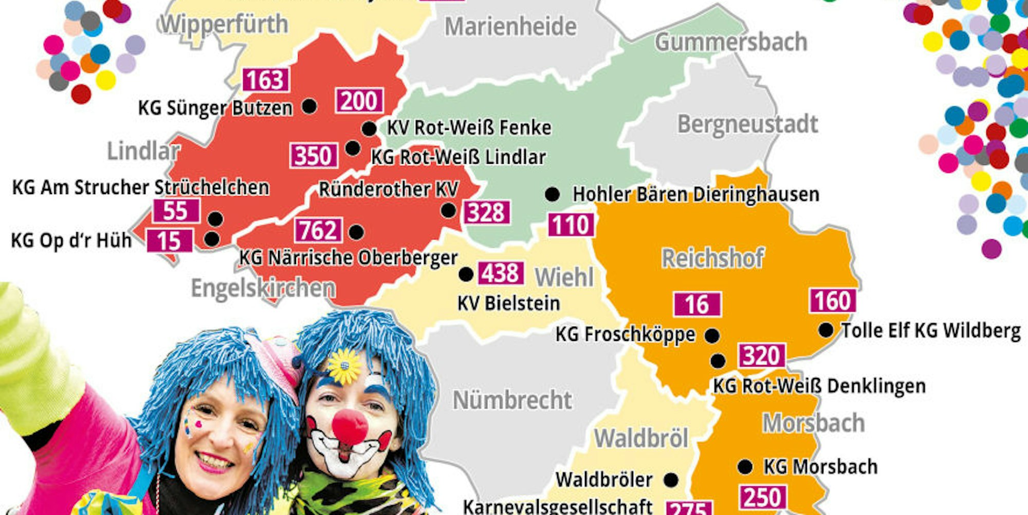 Klimazonen: Vom raderdollen Rot über Orange, Gelb und Grün bis zum geruhsamen Grau reicht die Farbpalette, mit der wir die Intensität des organisierten Karnevals in Oberberg dargestellt haben.