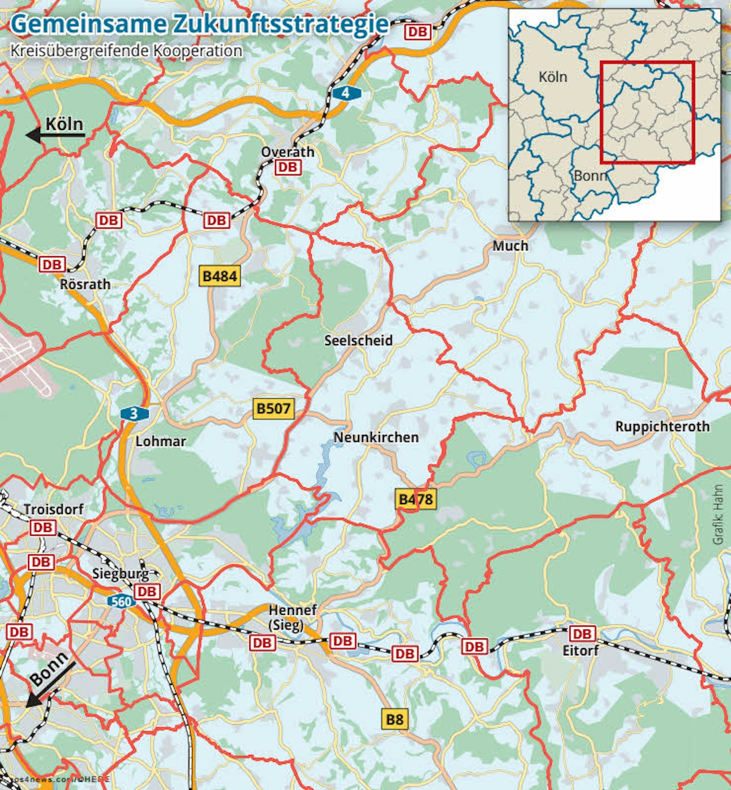 Die geografische Lage der fünf Kommunen: Overath, Hennef als „Eingangsdrehscheiben“. Dazwischen Neunkirchen-Seelscheid, Much und Ruppichteroth.