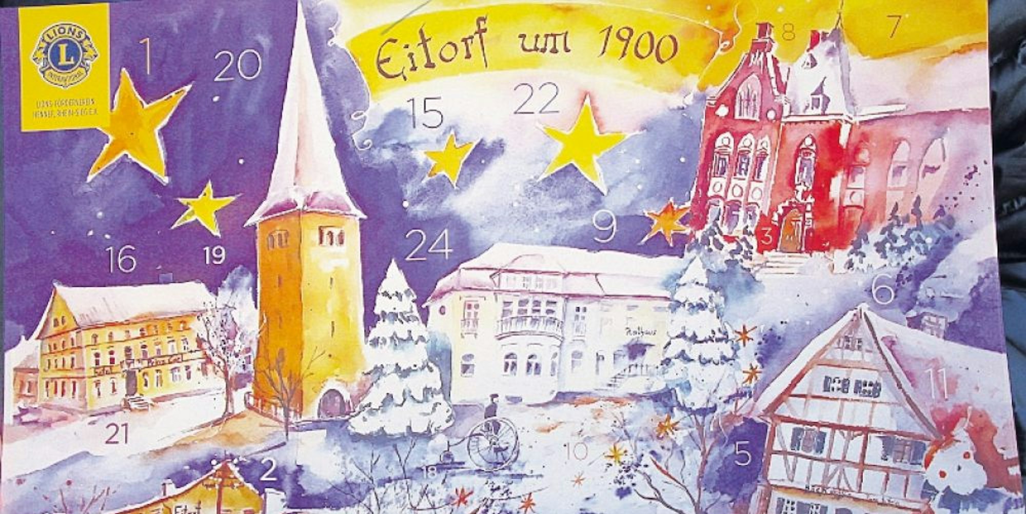 Der alte Kirchturm und andere historische Gebäude schmücken den Lions-Kalender für Eitorf.