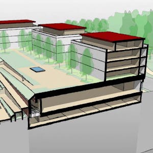 Das Neubaumodell auf dem Kaufpark-Grundstück im Schnitt: Unten die Tiefgarage, im Erdgeschoss der Supermarkt, darüber Wohnungen rund um eine öffentliche Grünanlage mit Wuppertreppe.