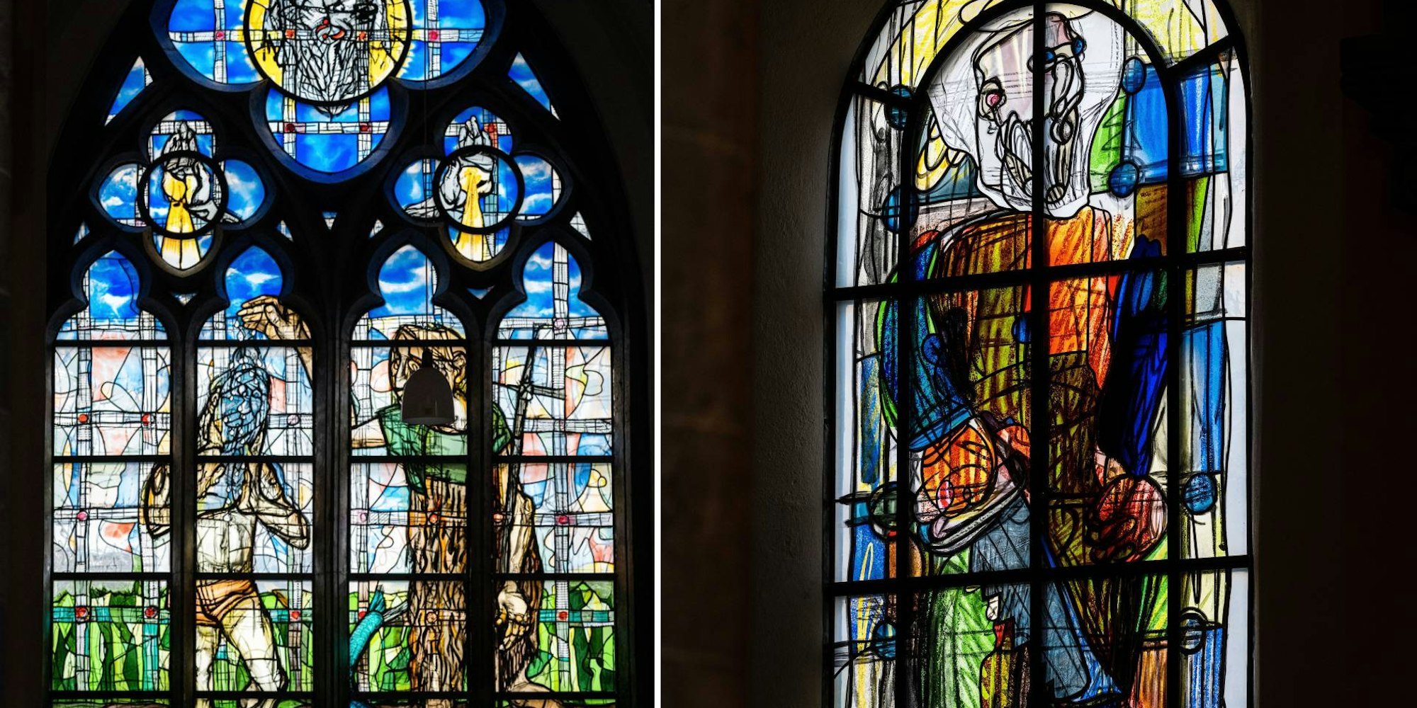 Das Josephfenster (r.) und das Tauffenster sind in St. Andreas angekommen. Zu Ostern wird das Fenster „Himmlisches Jerusalem“ erwartet.