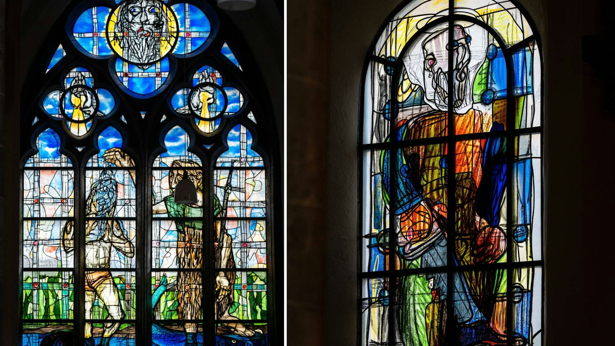 Das Josephfenster (r.) und das Tauffenster sind in St. Andreas angekommen. Zu Ostern wird das Fenster „Himmlisches Jerusalem“ erwartet.