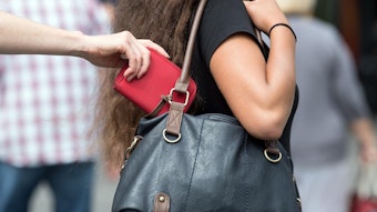 Ein Taschendieb zieht einer Frau die Geldbörse aus der Handtasche.