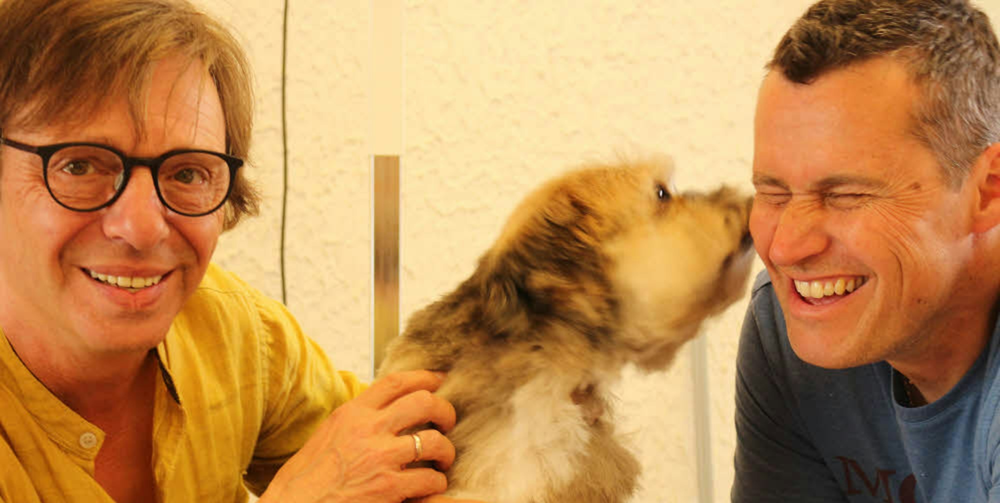 Stammkunde beim Hundefriseur Dirk Braunsfeld ist der Bergheimer Sänger und Songschreiber Purple Schulz (l.) mit seinem Hund „Thaddel“.