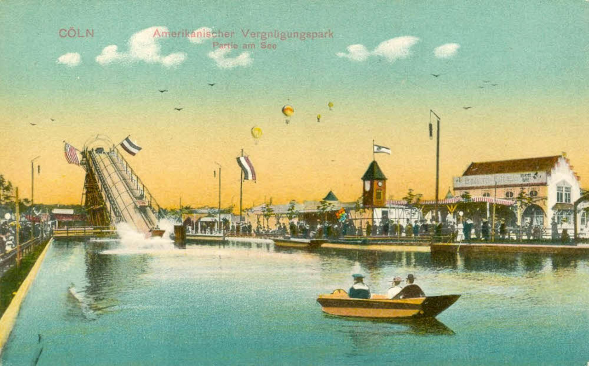 Per Wasserrutschbahn gelangten Besucher in Booten auf den künstlichen See.