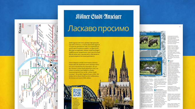 Die Titelseite der Willkommensausgabe für geflüchtete Menschen aus der Ukraine, im Hintergrund ein Netzplan der Kölner Verkehrsbetriebe und ein Blick in den Inhalt des PDF mit vielen Tipps.