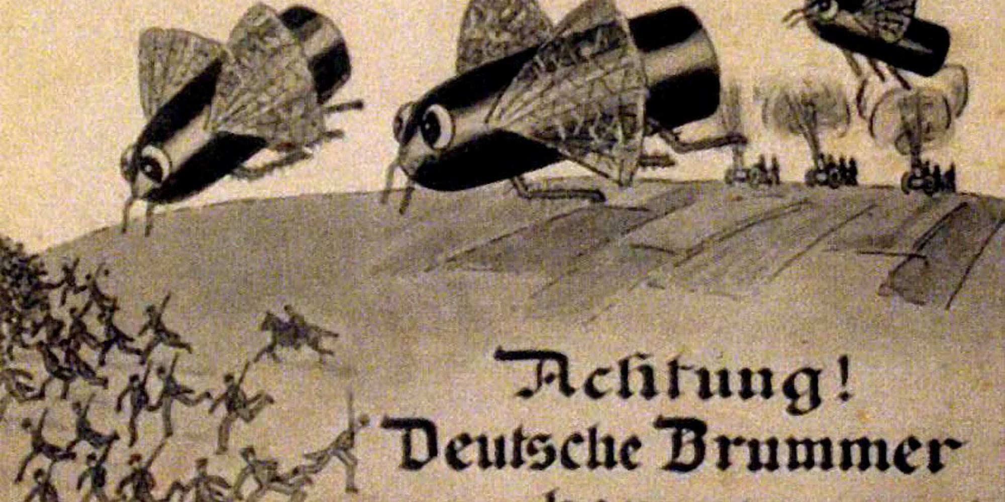 Die Dicke Berta im Fliegenschwarm zeigte eine Karikatur aus dem Oktober 1915.