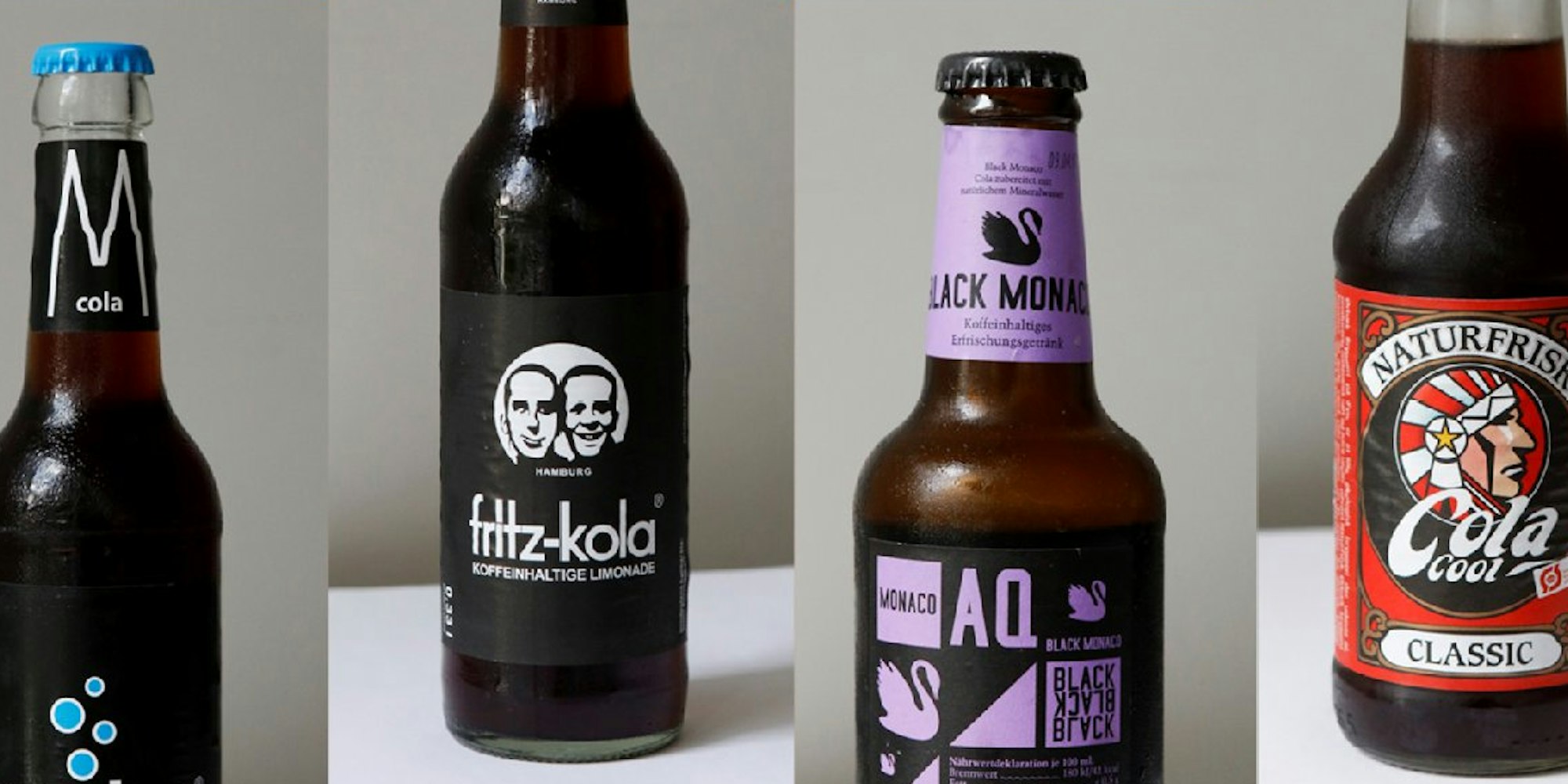 Coellna Cola, Fritz-Cola, Black Monaco, Naturfrisk Cola Cool (v.l.n.r.)