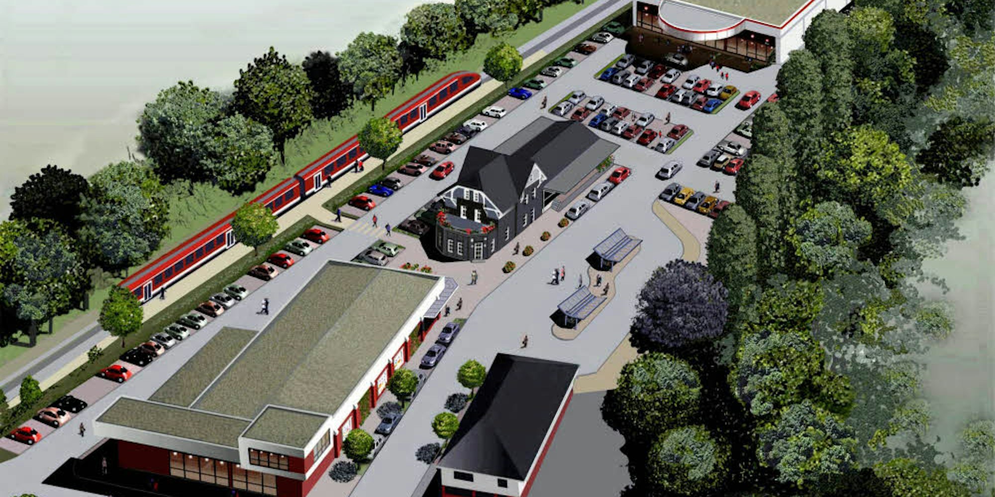 Der Hit-Markt am Bahnhof in Marienheide (h.) soll Ende 2018 eröffnen, die Rossmann-Filiale (v.) im Frühjahr 2019 fertig sein.