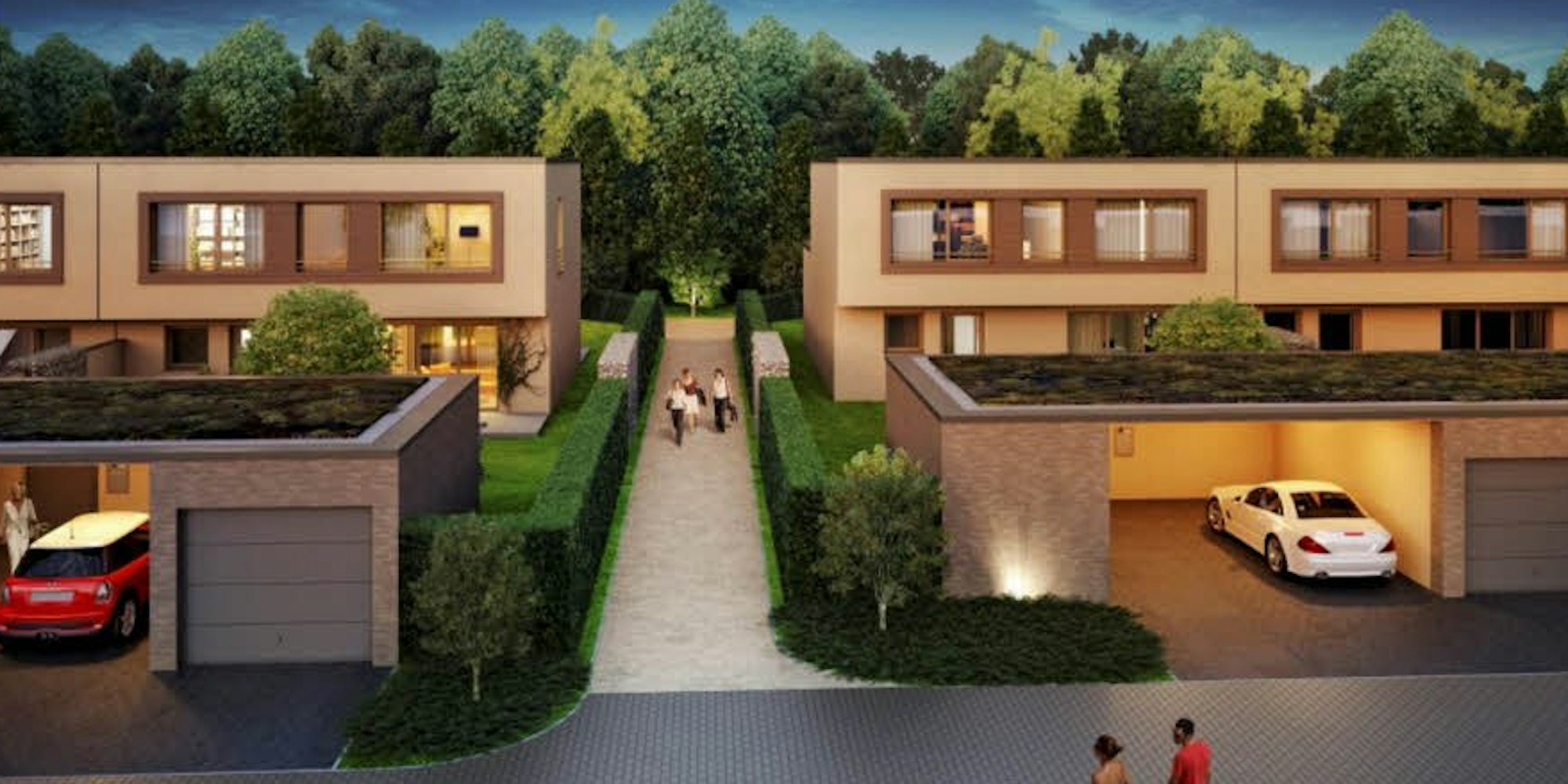 Auf den langgestreckten Grundstücken in Lövenich entstehen in zwei Bauabschnitten insgesamt 21 Stadthäuser. (Visualisierung: Die Lichtung)