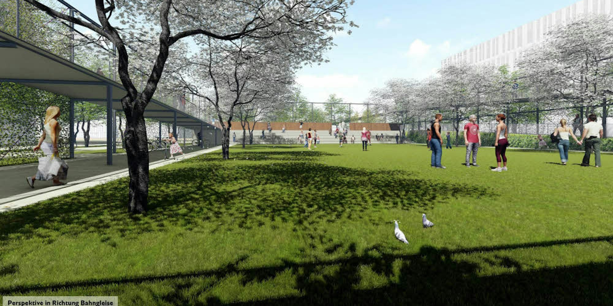Eine Rasenfläche gehört innerhalb des Rampen-Rechtecks zum künftigen Brückenpark.