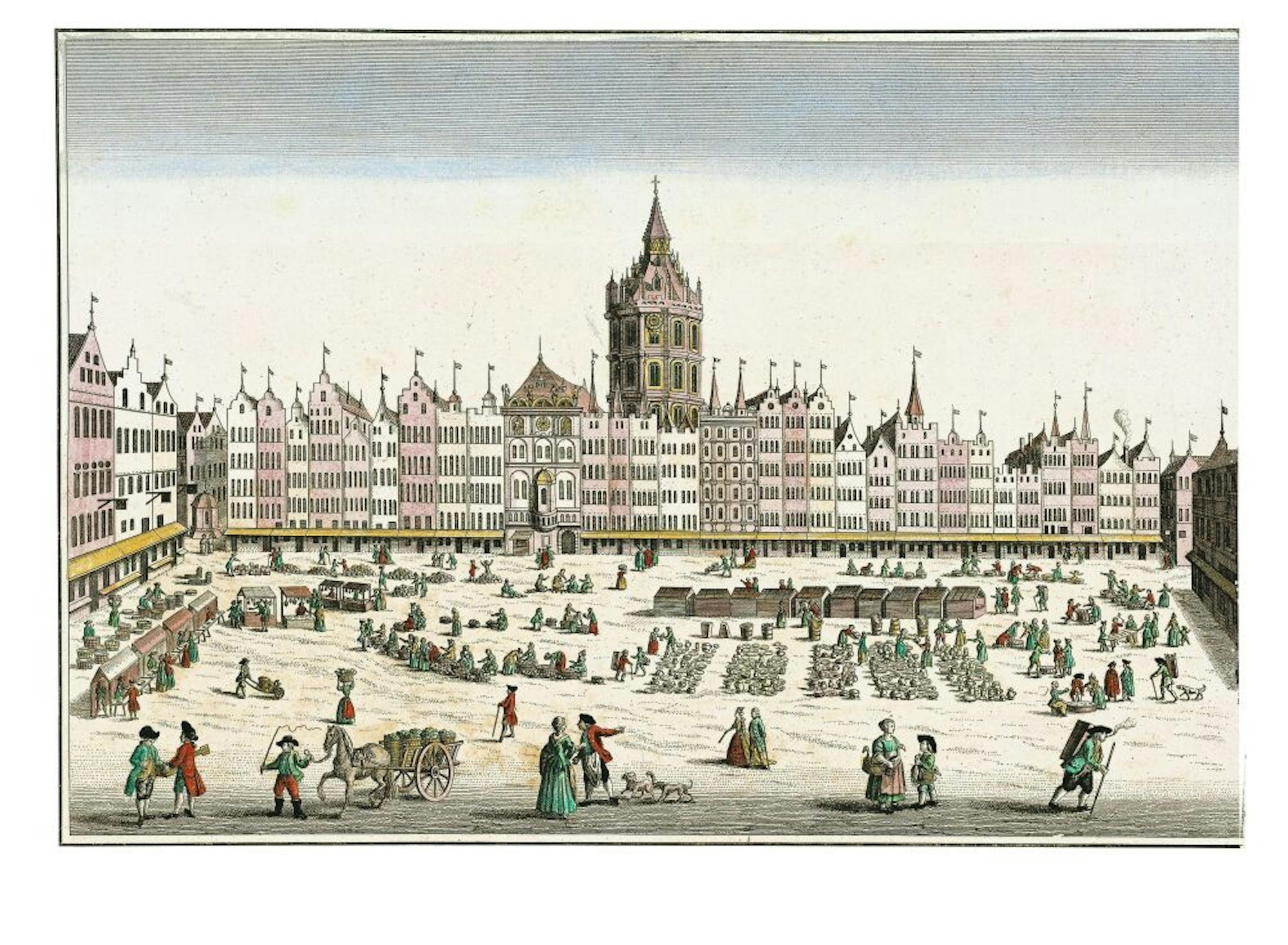 Handel auf dem Alter Markt: Der kolorierte Kupferstich (1750) von Georg Balthasar Probst orientiert sich an einem mehr als 100 Jahre älteren Motiv.