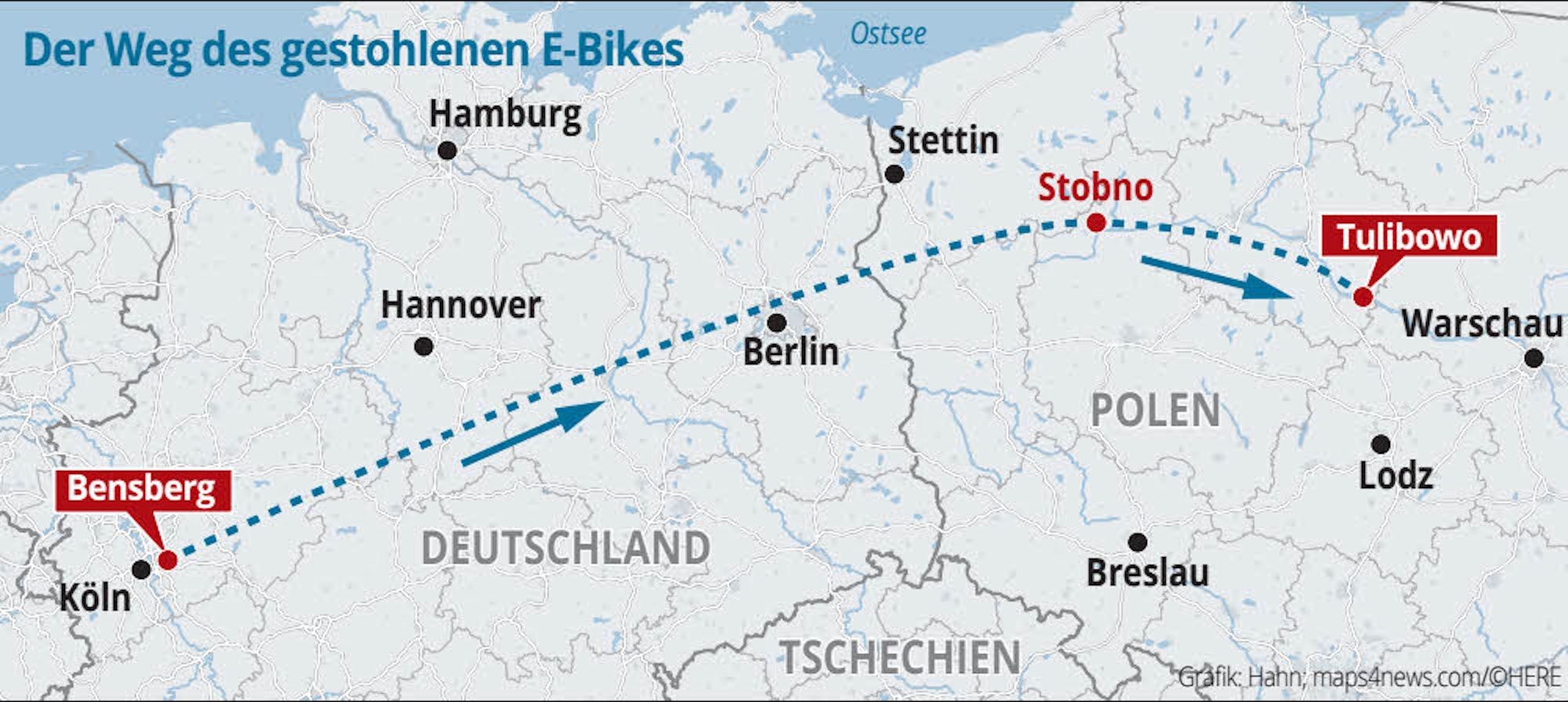 Der lange Weg eines gestohlenen E-Bikes: Rund 850 Kilometer entfernt im polnischen Tulibowo wurde das Fahrrad des Bensbergers von Roland Hochhaus gefunden.