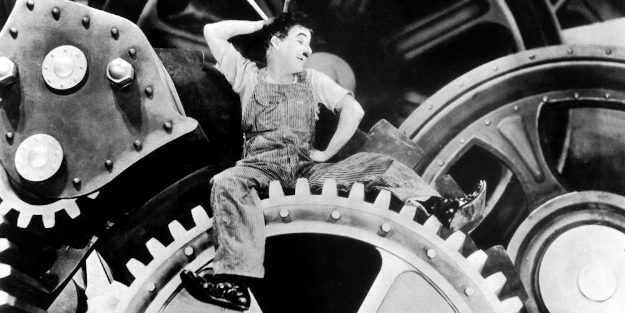 Charlie Chaplin in dem Film „Moderne Zeiten“ von 1936