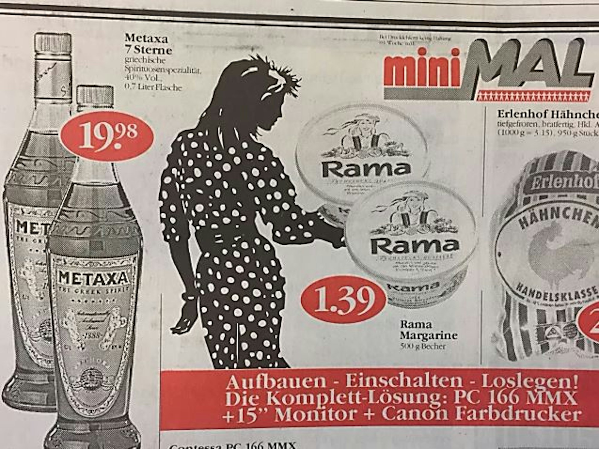 Das Foto zeigt Supermarktwerbung von 1998 – mit Metaxa und Rama.