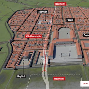 Die Darstellung zeigt das römische Köln im 4. Jahrhundert und welche Bereiche ein etwa 1 Kilometer Tunnel zwischen Heumarkt und Neumarkt tangieren würde.
