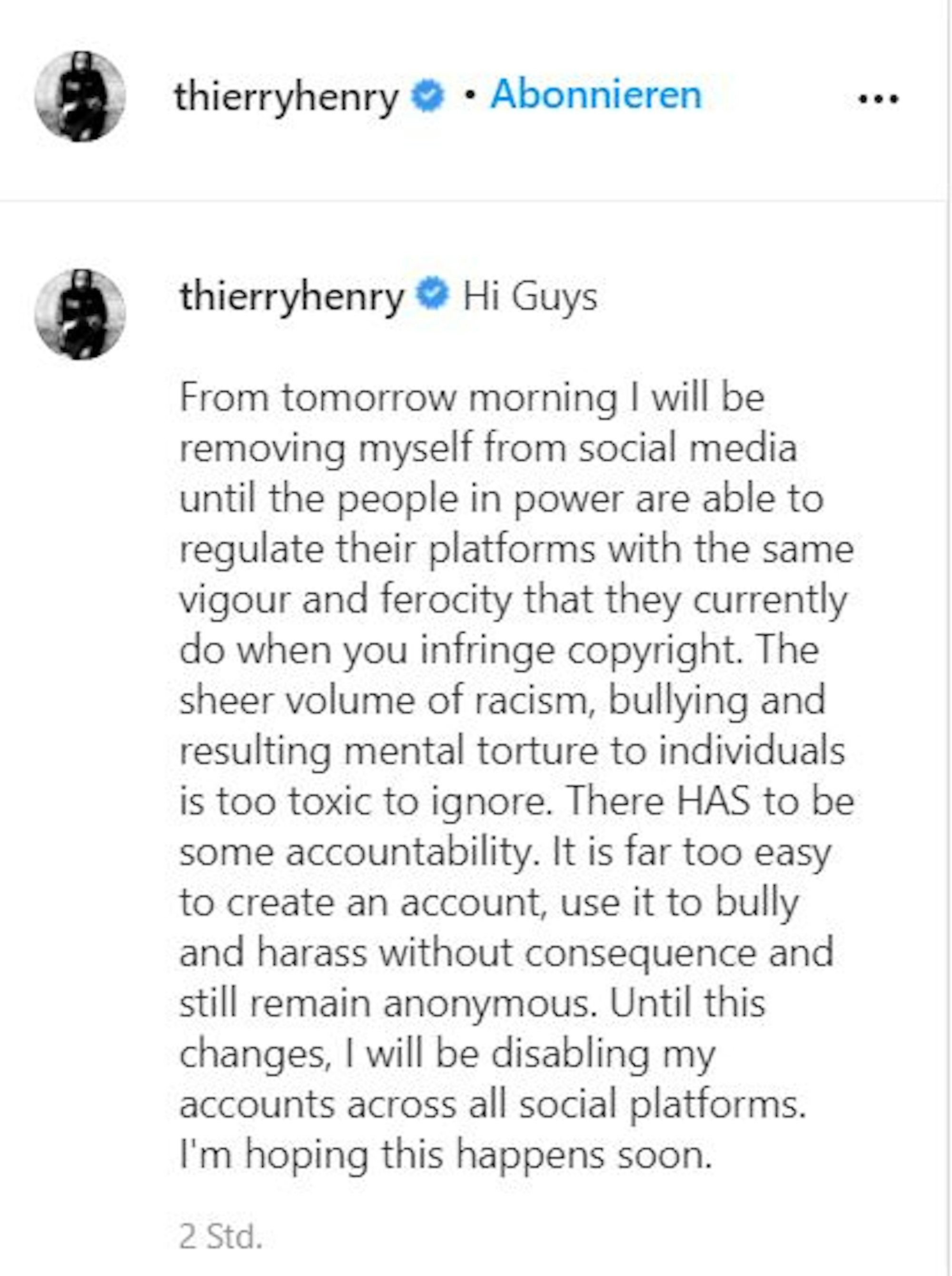 Thierry Henry gibt seinen Social-Media-Rücktritt auf Instagram bekannt