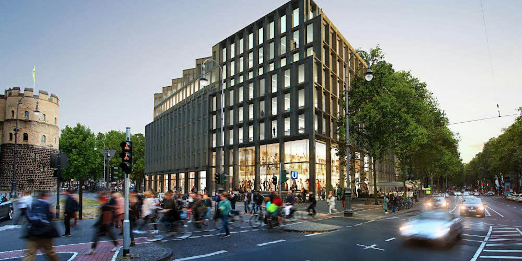 Der geplante Neubau am Rudolfplatz soll sich in der Höhe am künftigen Nachbarhaus Wall-Arkaden orientieren.