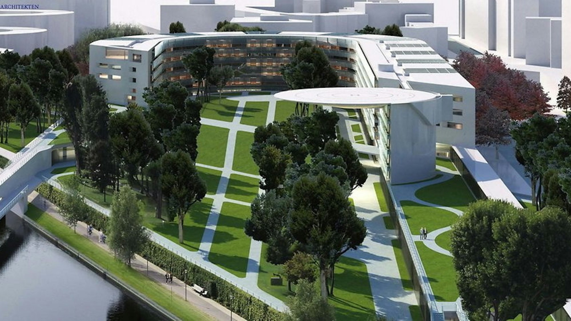 Blick auf den geplanten Anbau des Kanzleramtes: Geplant ist ein bogenförmiges Bürogebäude mit Hubschrauberlandeplatz.